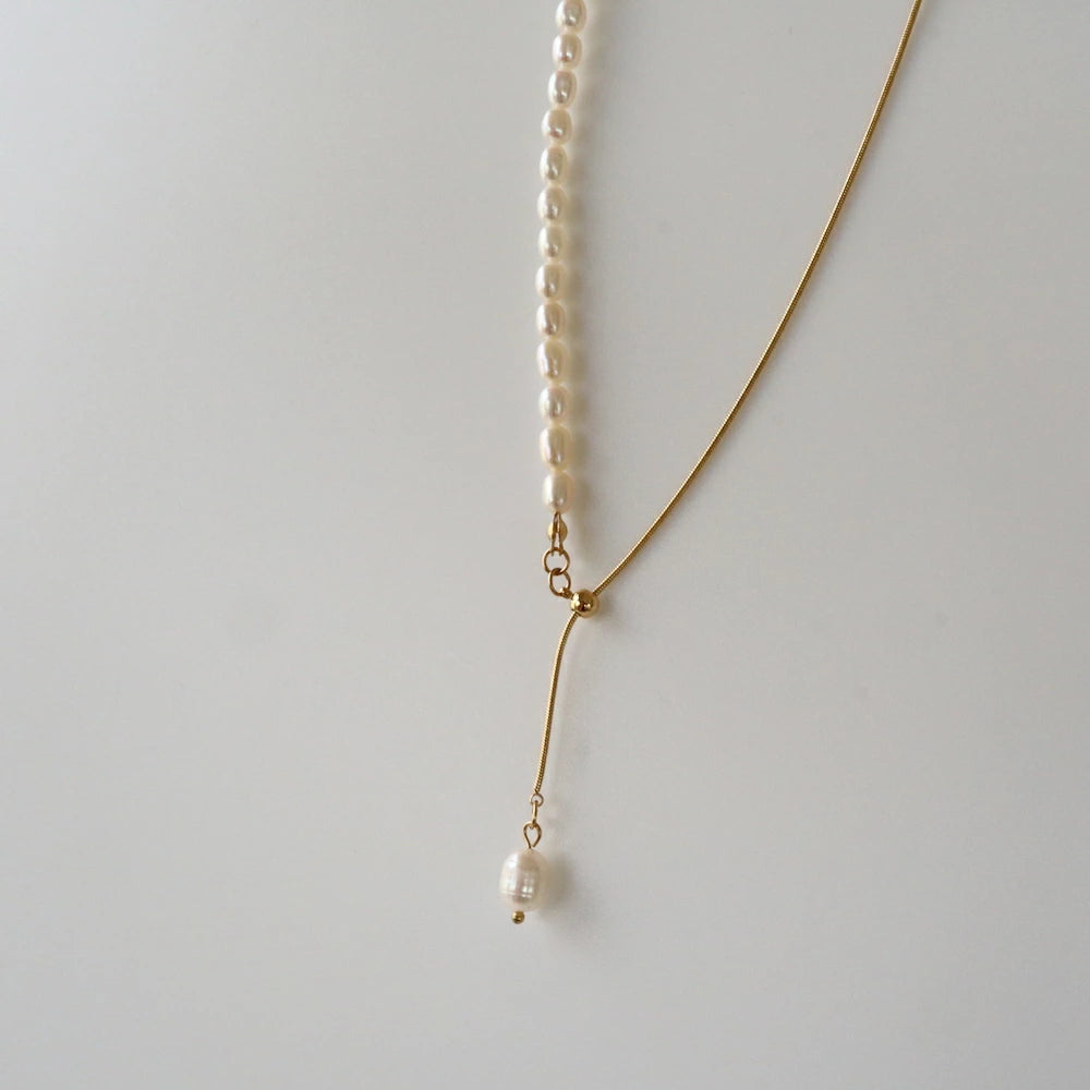 N152 stainless 2way half pearl necklace