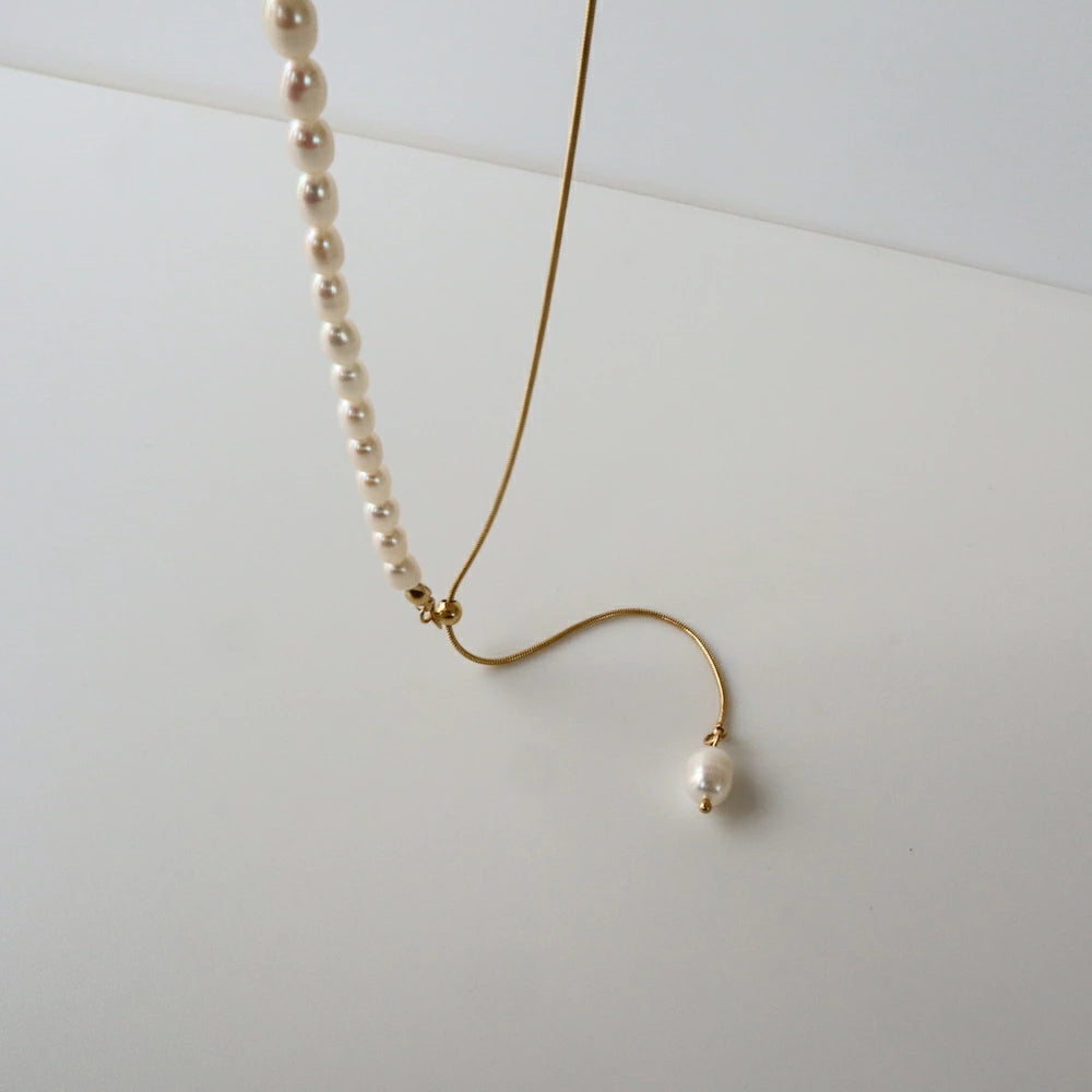 N152 stainless 2way half pearl necklace