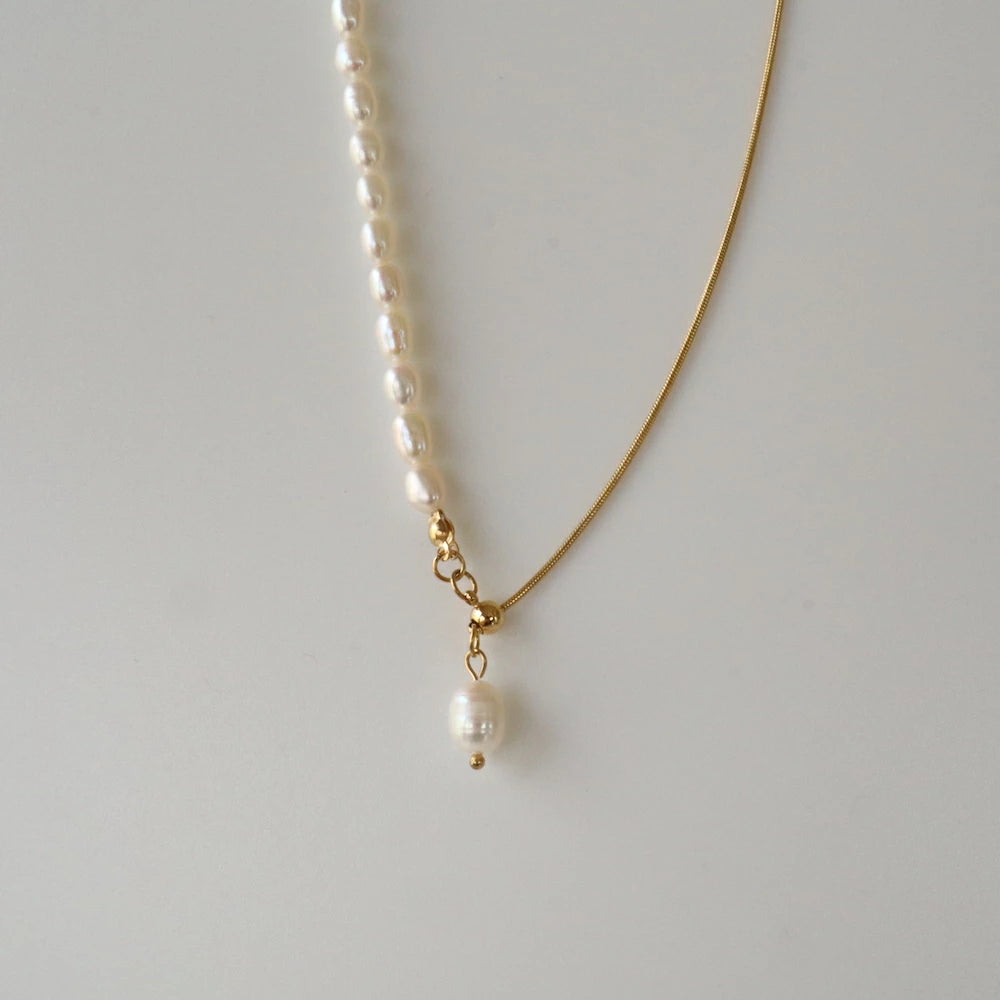 N152 stainless 2way half pearl necklace