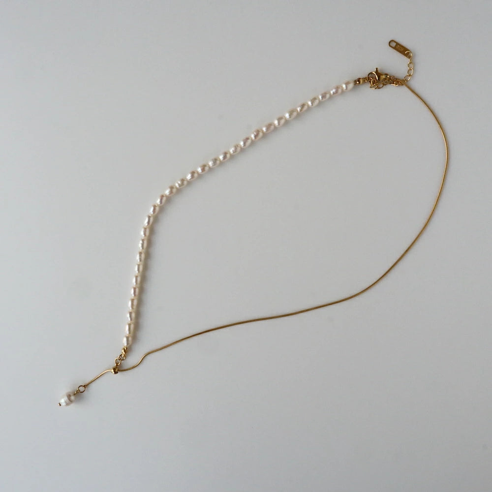 N152 stainless 2way half pearl necklace