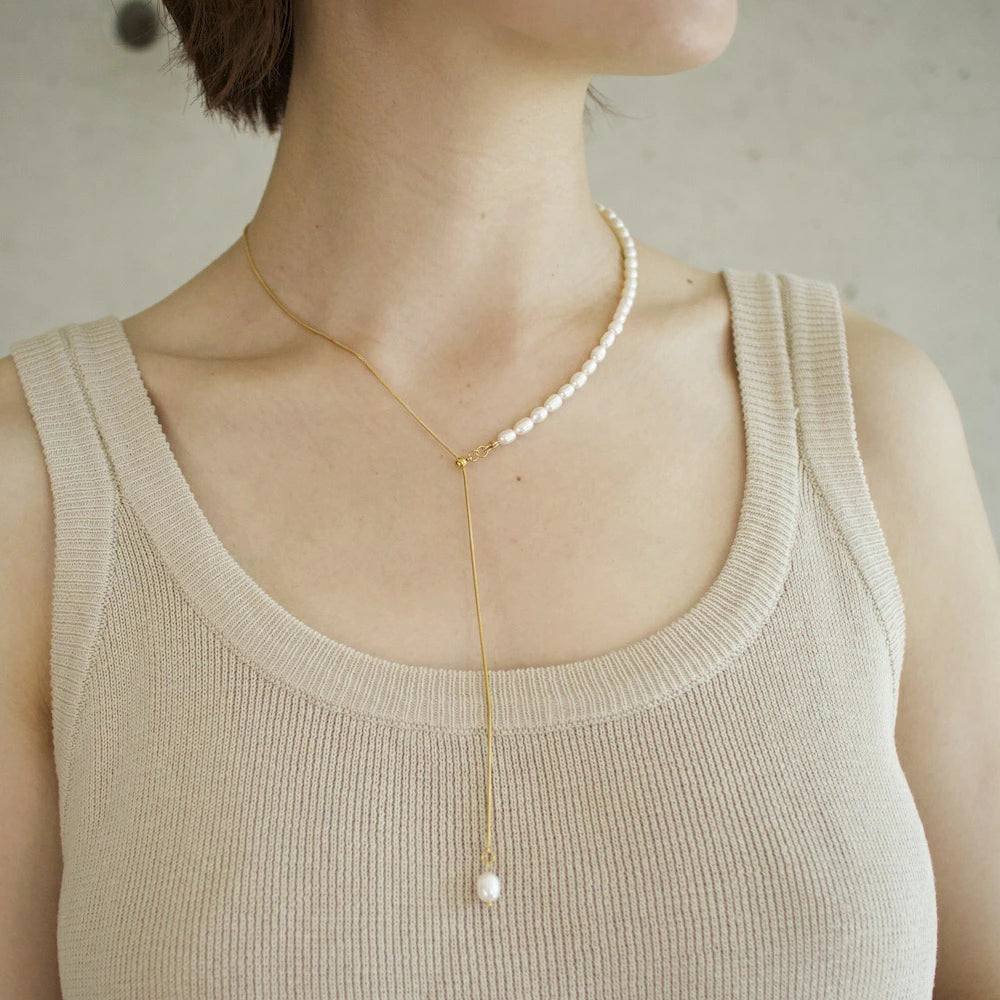 N152 stainless 2way half pearl necklace
