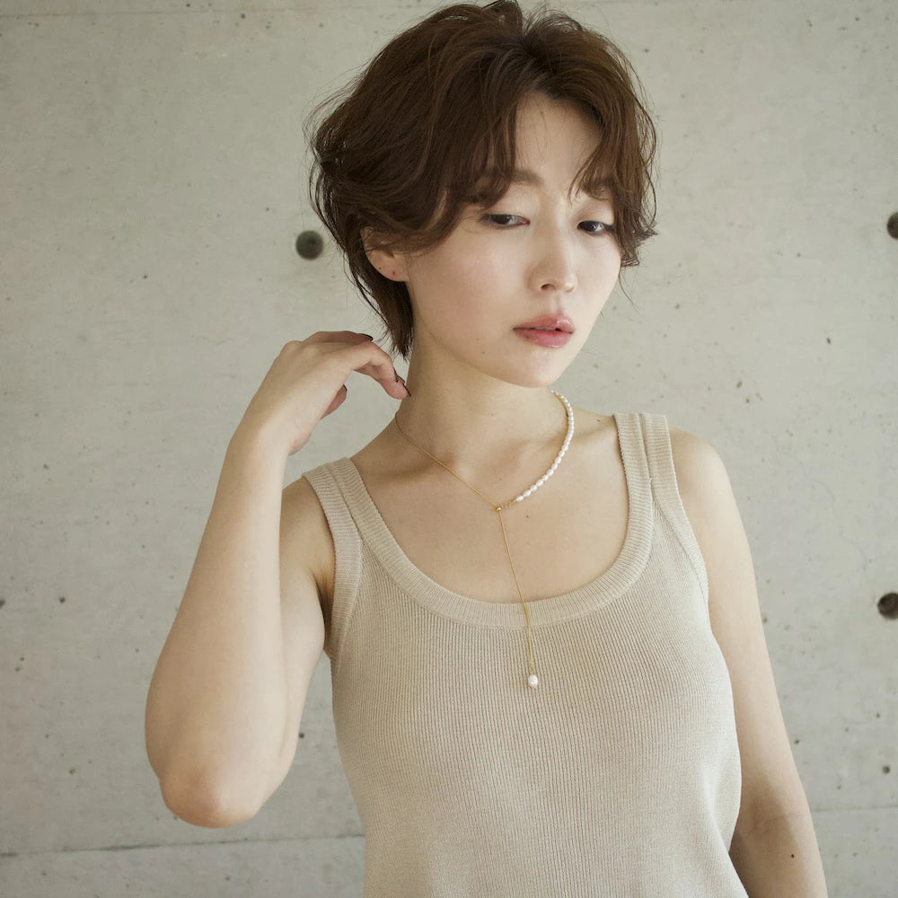 N152 stainless 2way half pearl necklace