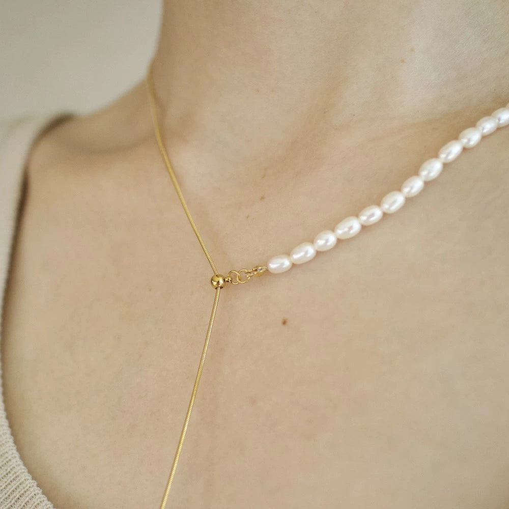 N152 stainless 2way half pearl necklace
