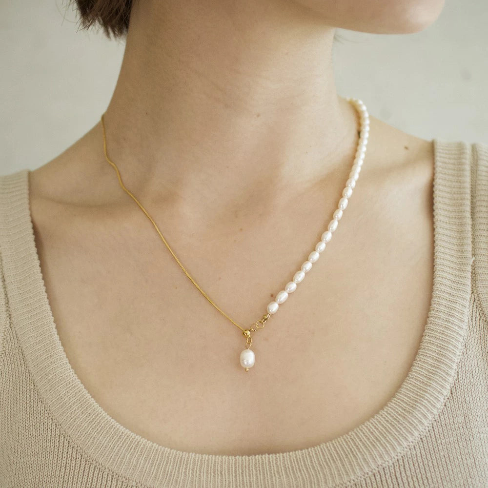 N152 stainless 2way half pearl necklace