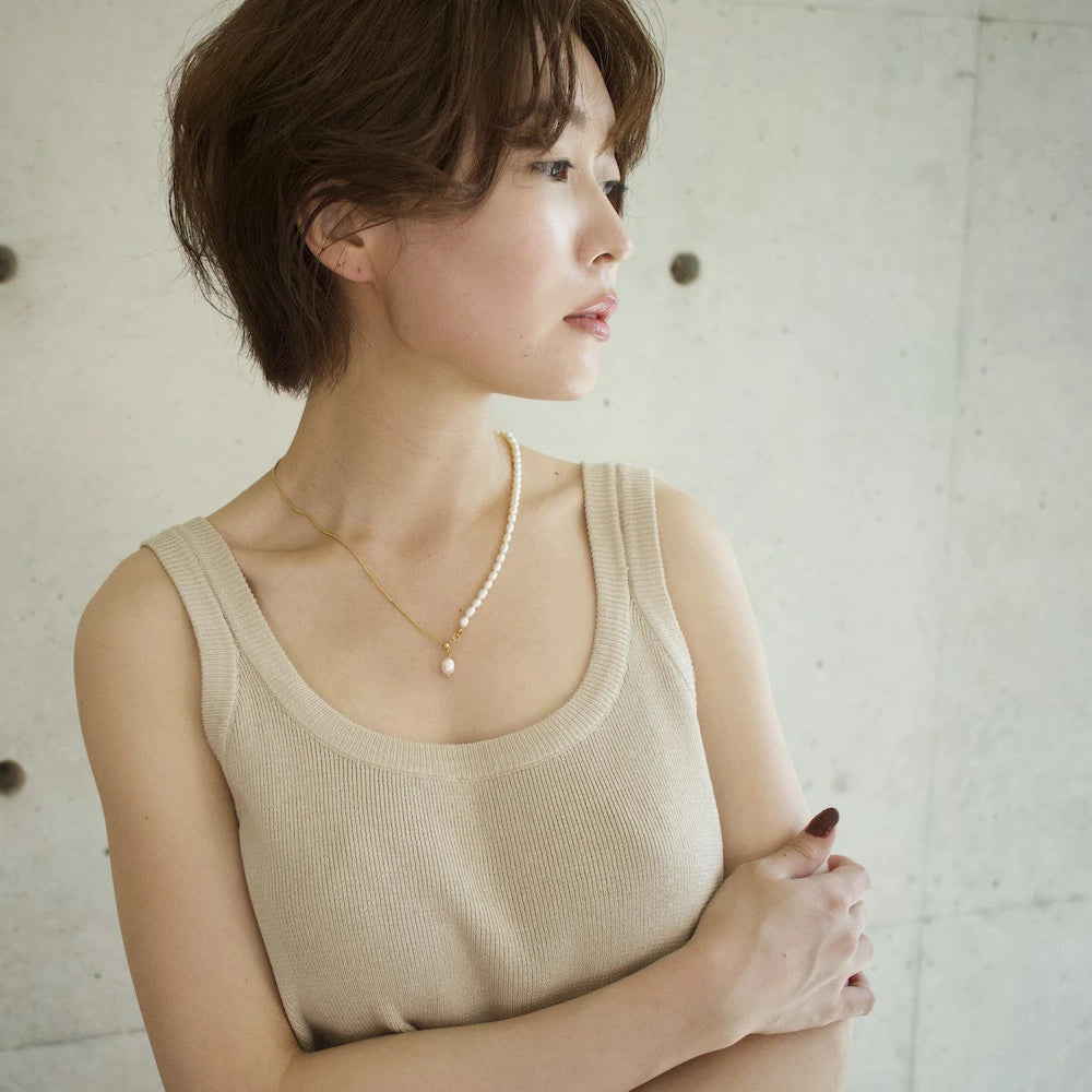 N152 stainless 2way half pearl necklace