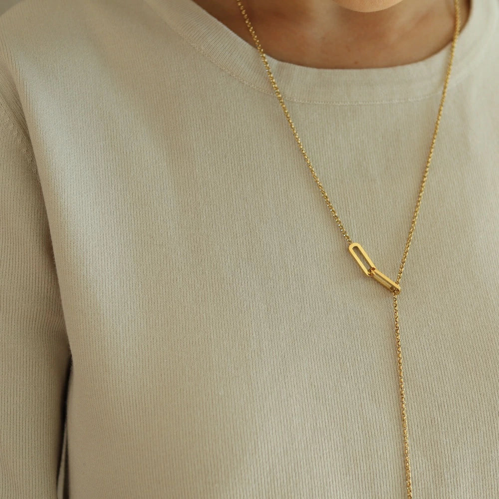 N128 stainless oval lariat necklace