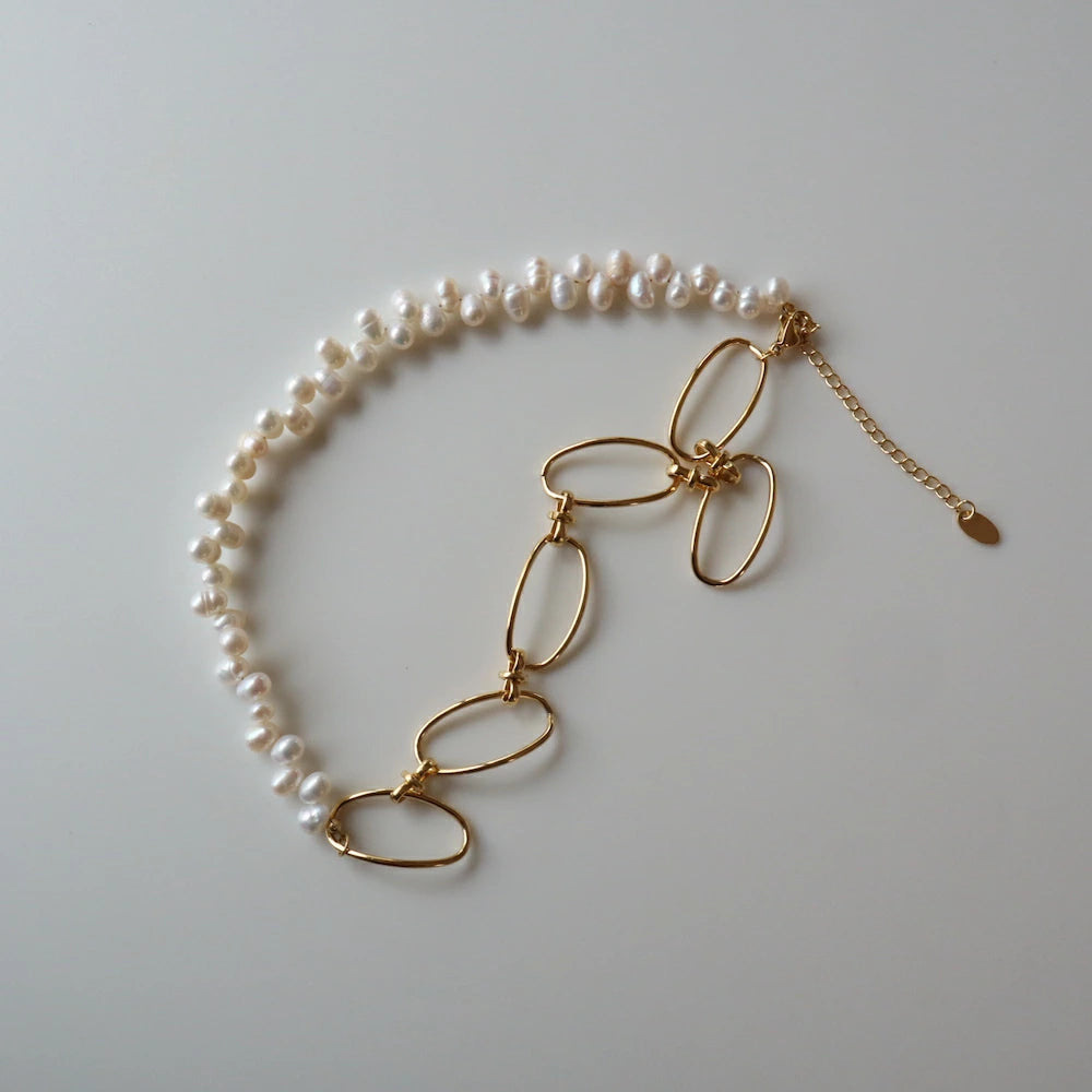 N086 stainless half pearl broad beans necklace