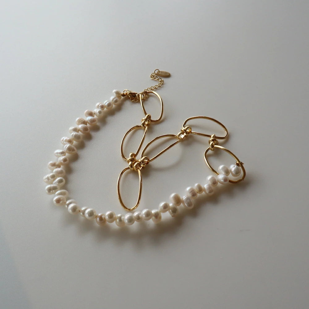 N086 stainless half pearl broad beans necklace
