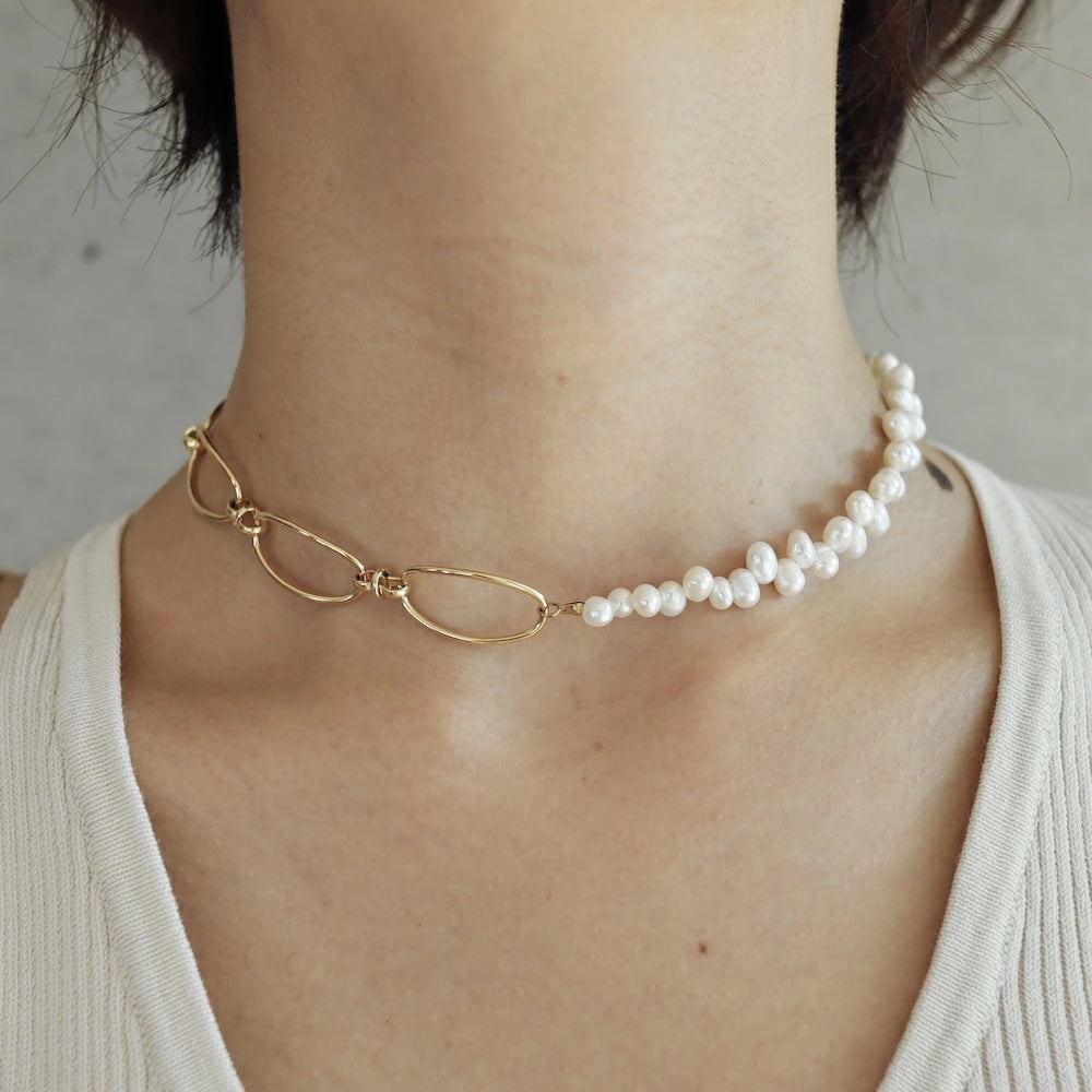 N086 stainless half pearl broad beans necklace