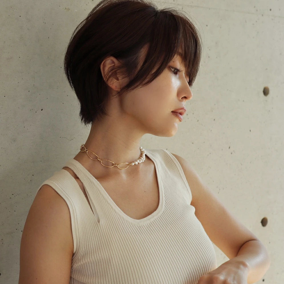 N086 stainless half pearl broad beans necklace