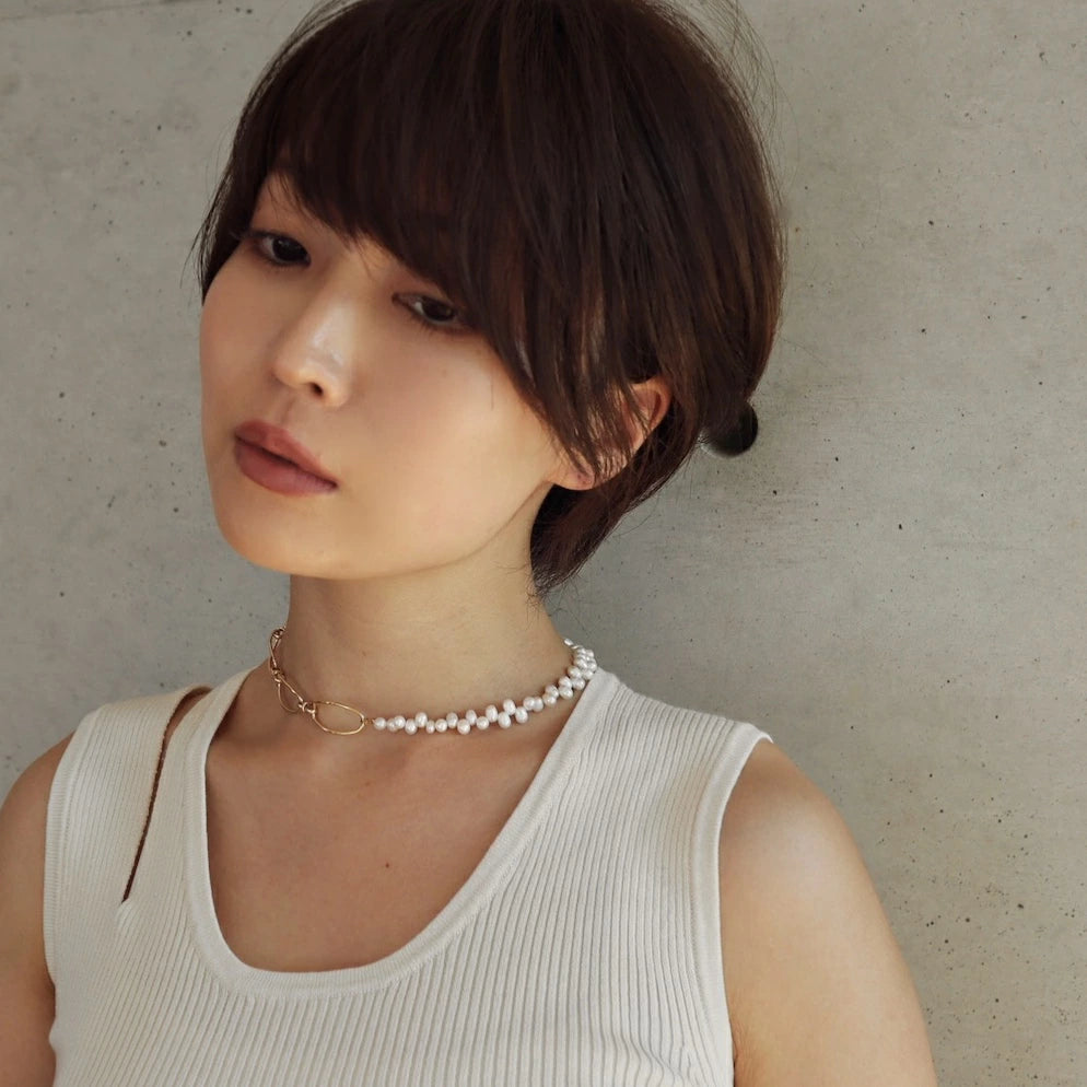 N086 stainless half pearl broad beans necklace
