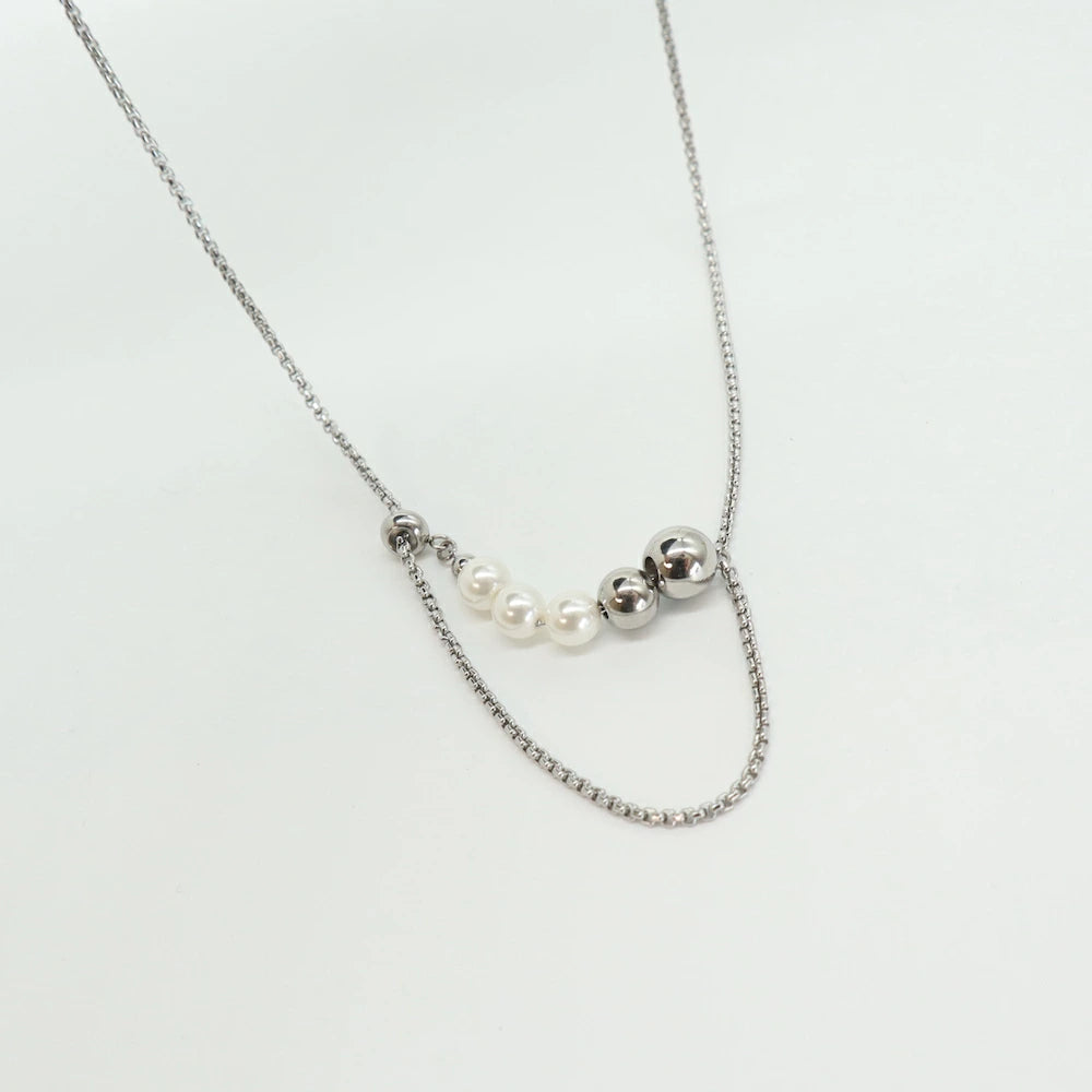 N018 stainless silver pearl necklace