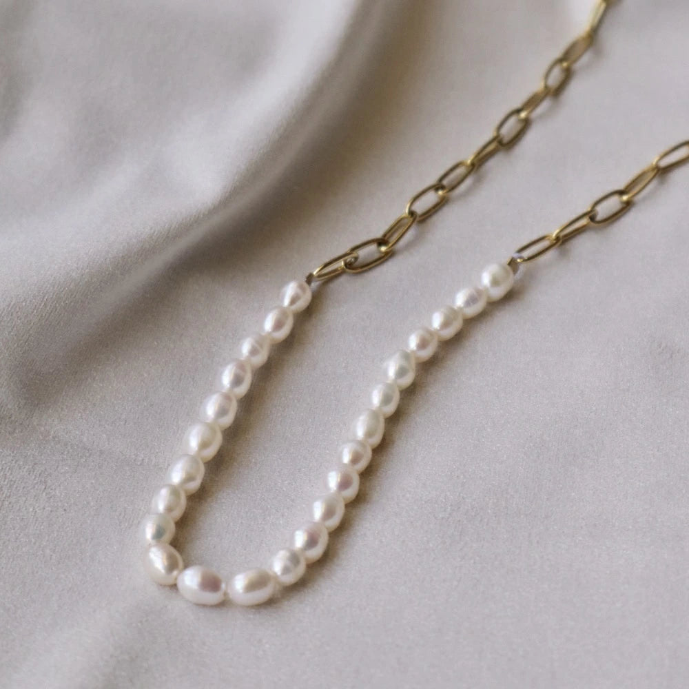 N113 stainless half pearl necklace