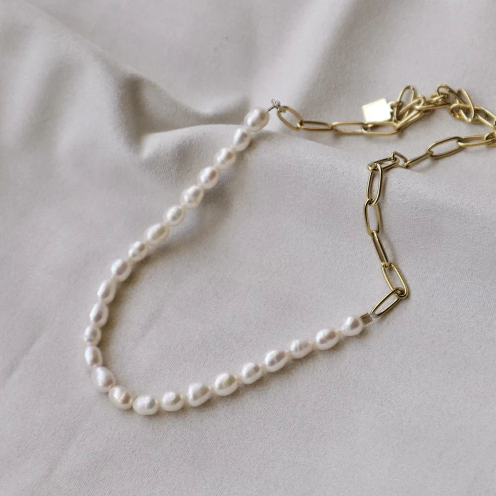 N113 stainless half pearl necklace