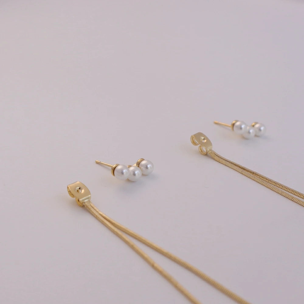 P451 three strand pearl long pierce / earring
