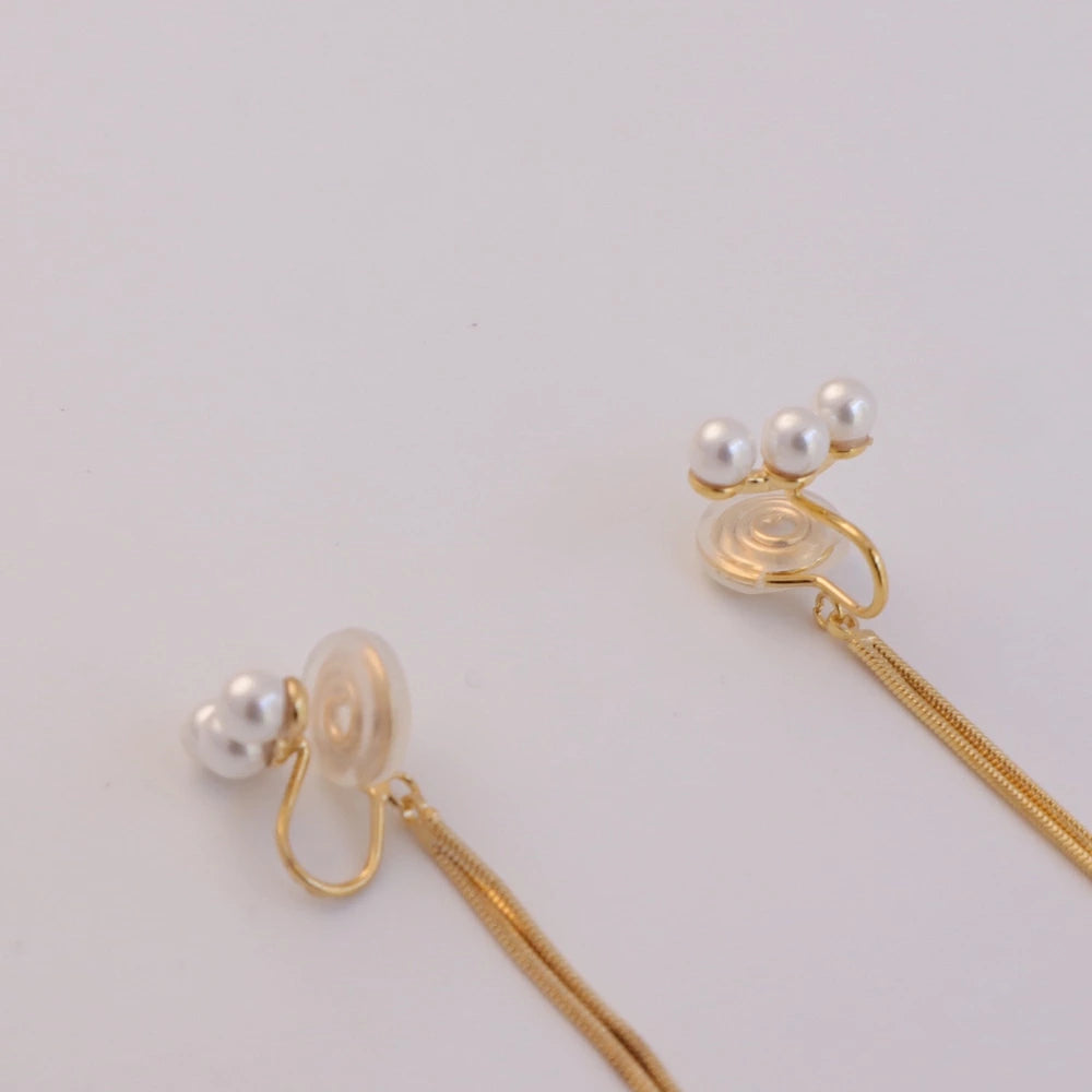 P451 three strand pearl long pierce / earring