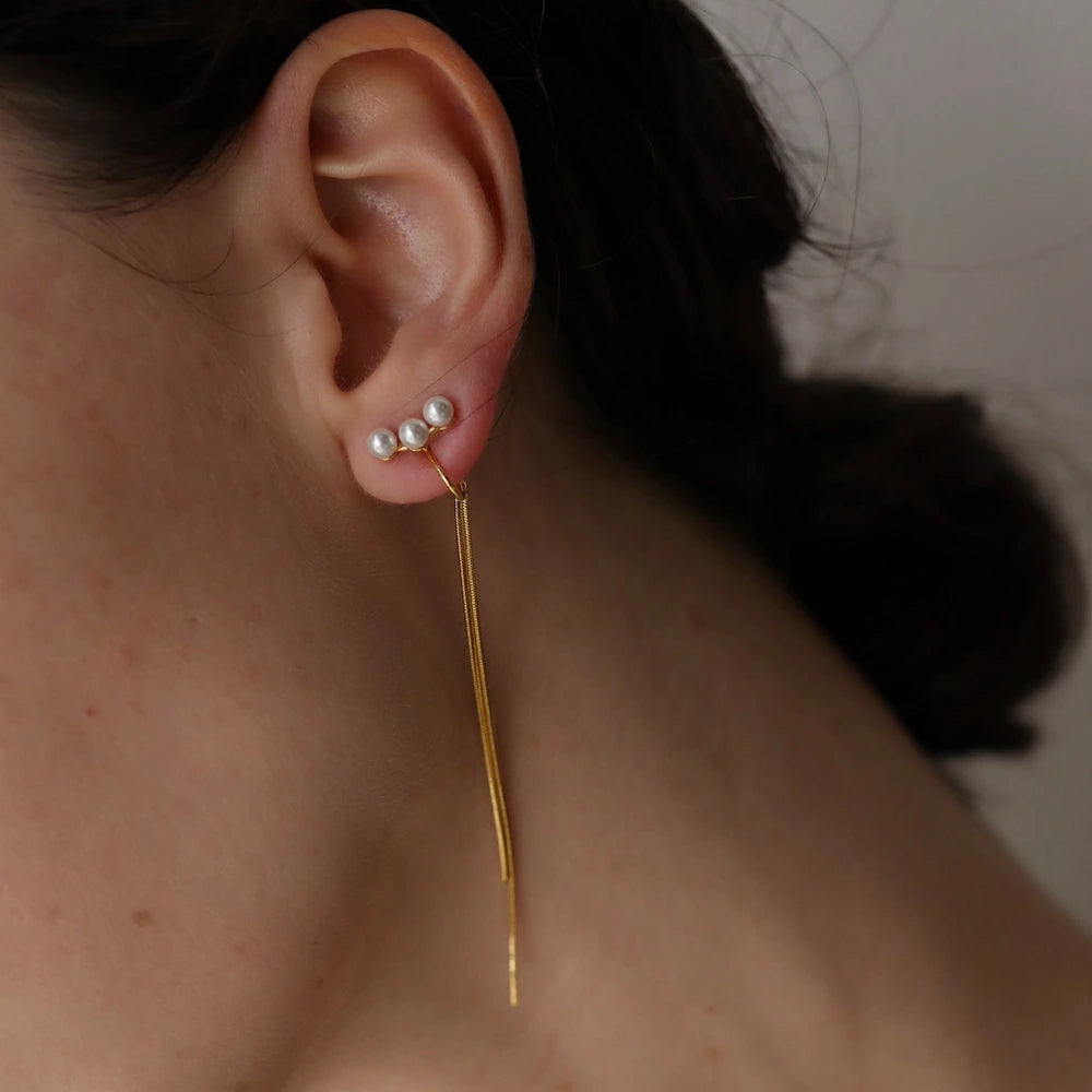 P451 three strand pearl long pierce / earring