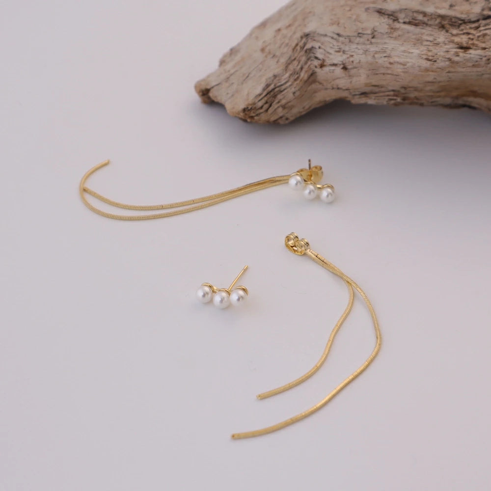 P451 three strand pearl long pierce / earring