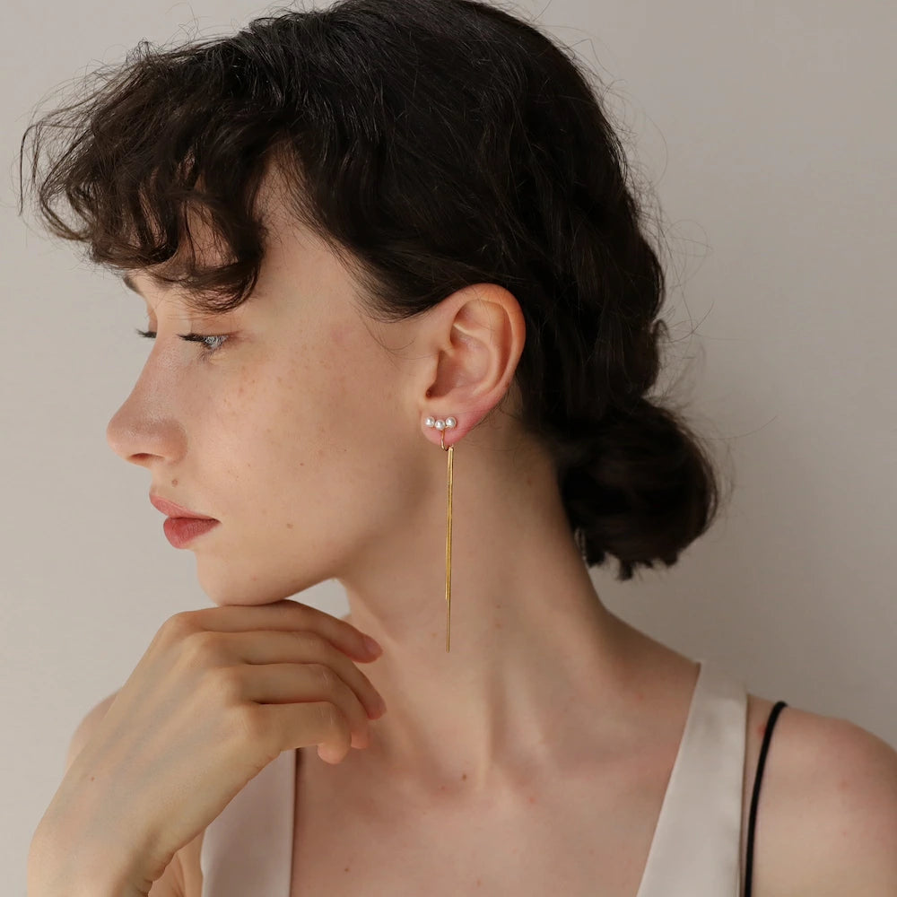 P451 three strand pearl long pierce / earring