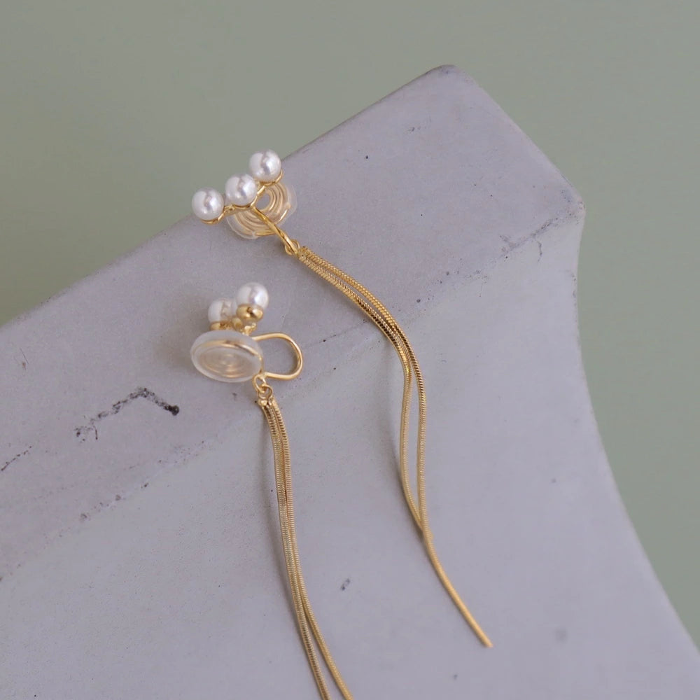 P451 three strand pearl long pierce / earring