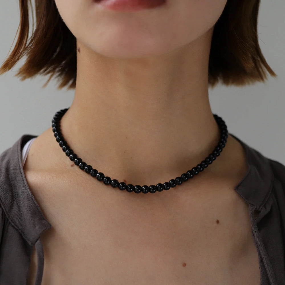 N021 stainless black beads necklace
