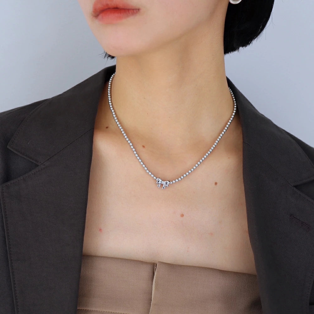N239 stainless silver ribbon pearl necklace