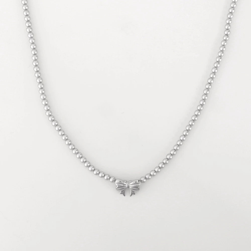 N239 stainless silver ribbon pearl necklace
