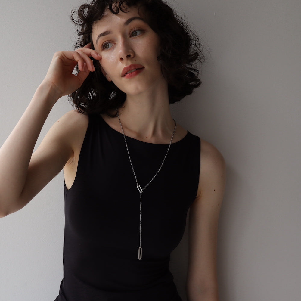 N128 stainless oval lariat necklace