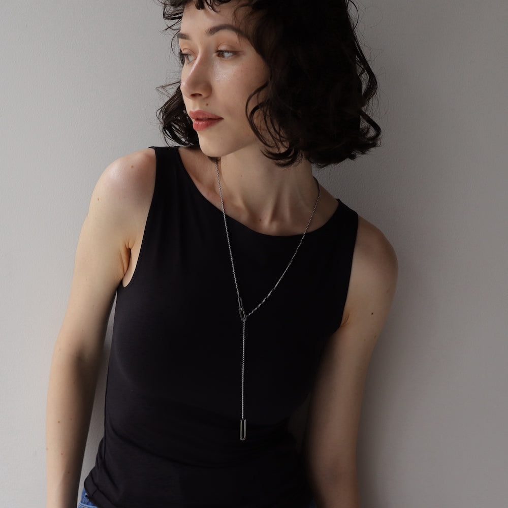 N128 stainless oval lariat necklace