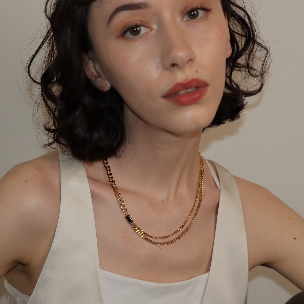 N099 stainless black square asymmetry necklace