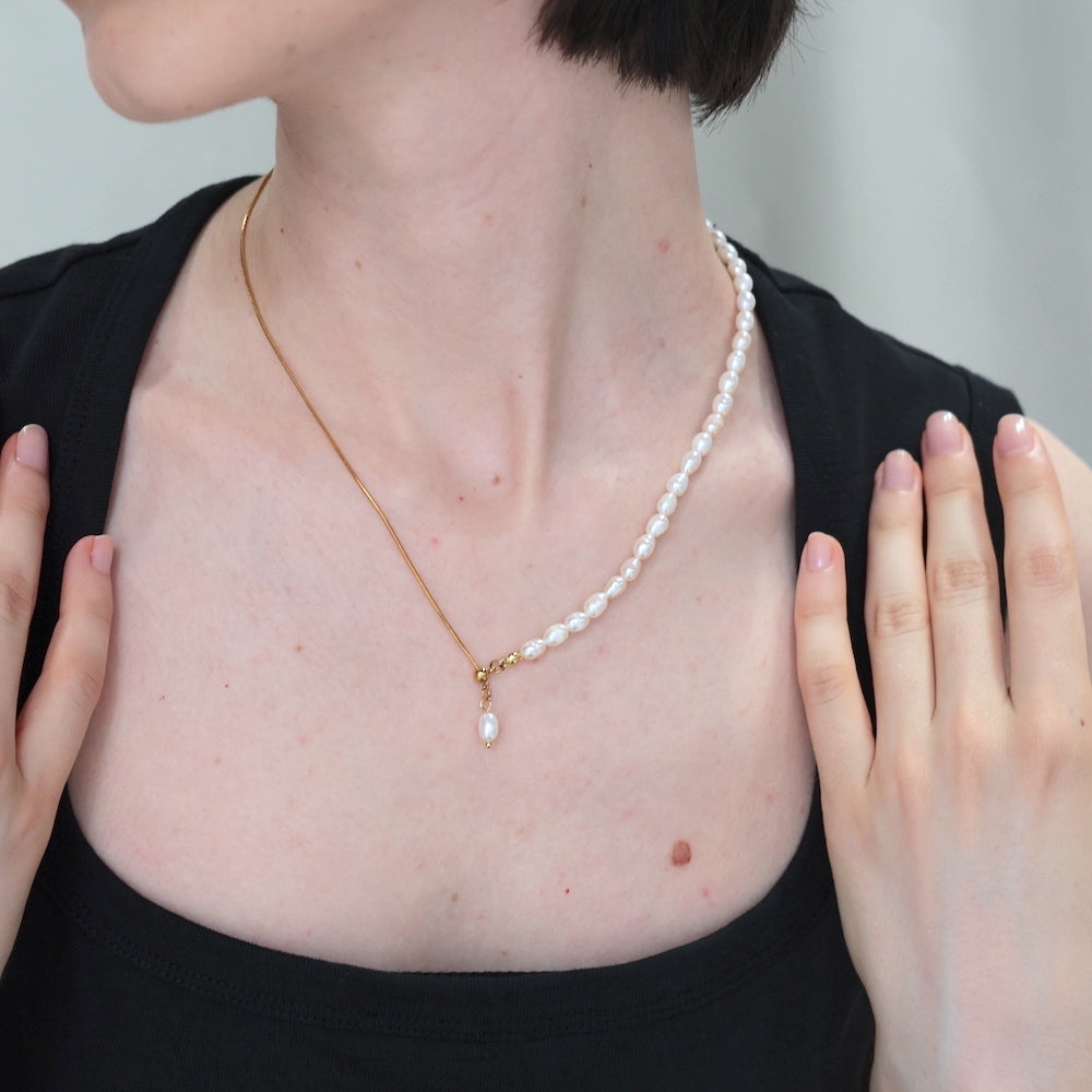 N152 stainless 2way half pearl necklace