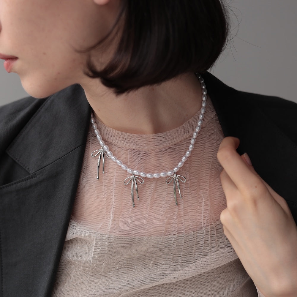 N252 stainless perl beads ribbon necklace