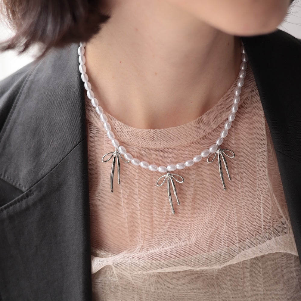 N252 stainless perl beads ribbon necklace