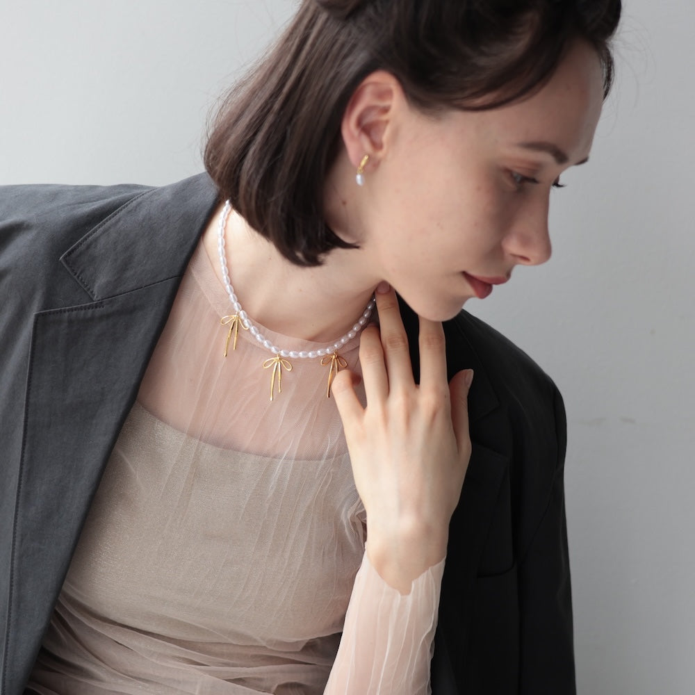 N252 stainless perl beads ribbon necklace