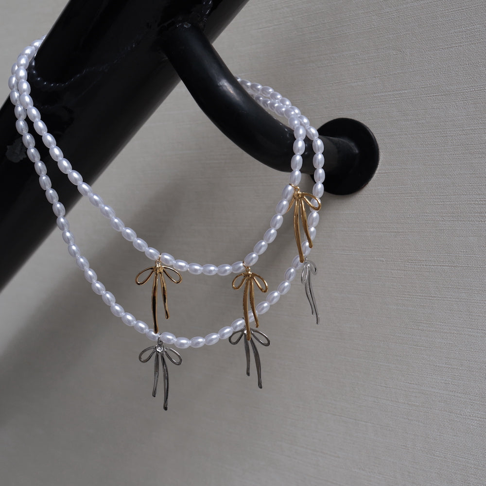 N252 stainless perl beads ribbon necklace