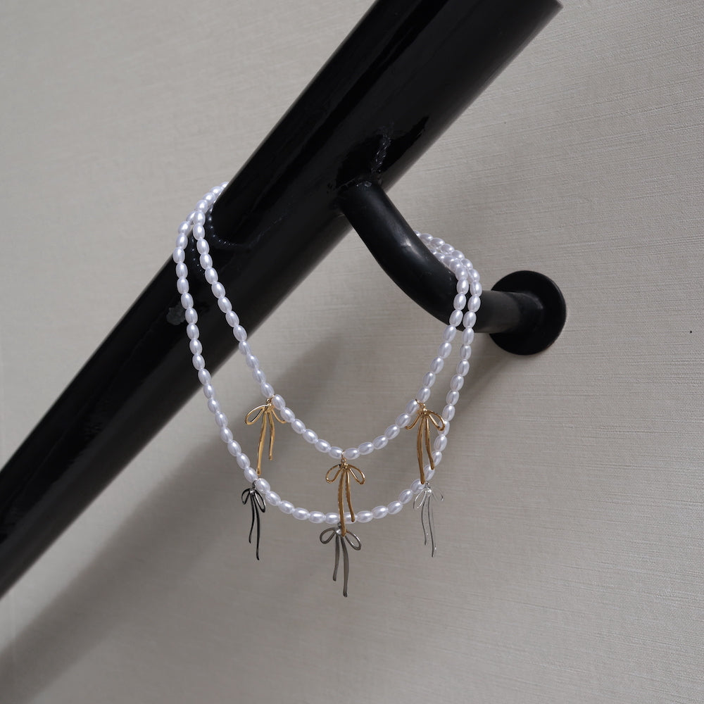 N252 stainless perl beads ribbon necklace