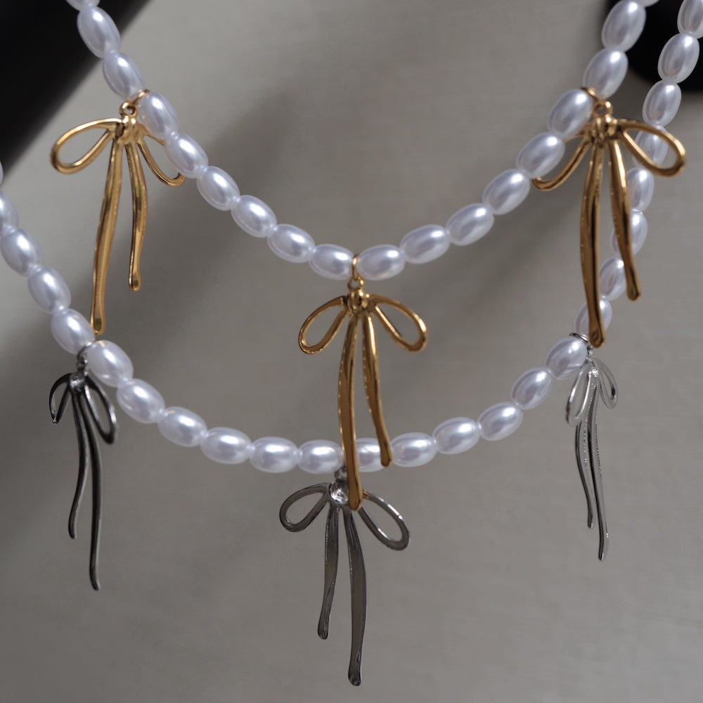 N252 stainless perl beads ribbon necklace