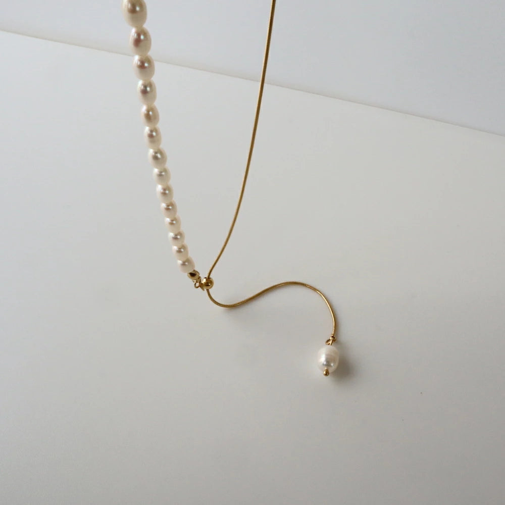 N152  stainless 2way half pearl necklace