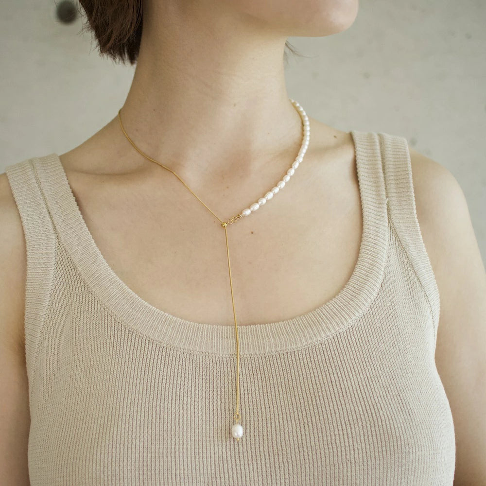 N152  stainless 2way half pearl necklace