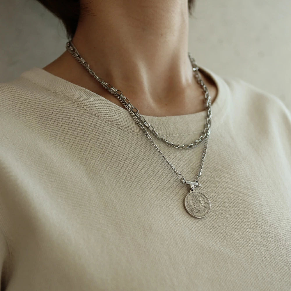 N162 stainless coin double necklace