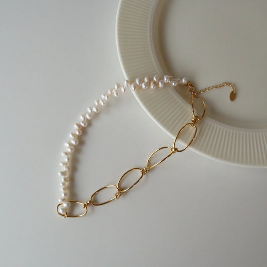 N086 stainless half pearl broad beans necklace