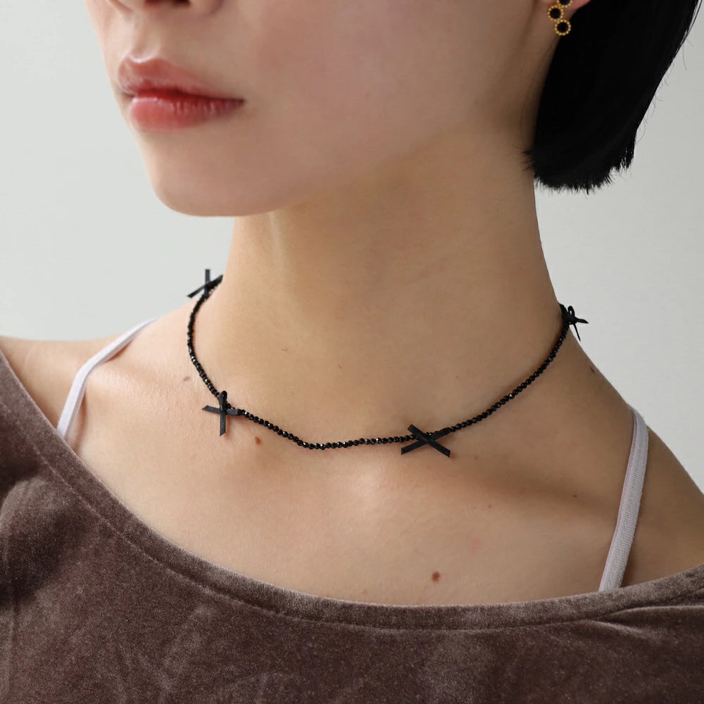 N238 stainless beaded ribbon necklace