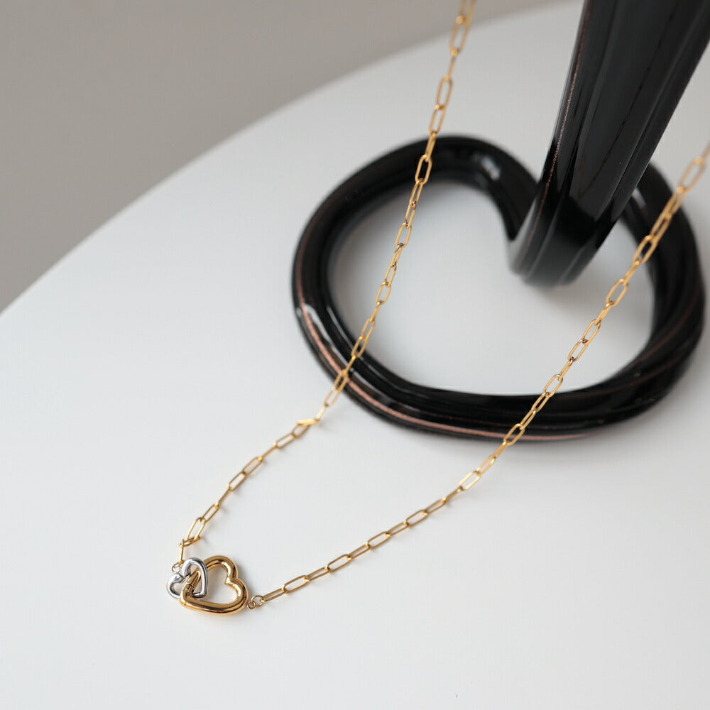 N103ネックレスサージカルステンレス金属アレルギー対応長あずきチェーンハートゴールドバイカラーおしゃれレディース女性人気錆びない付けっぱなし軽量上品ギフトプレゼントジュエリーK18コーティングシンプル高見え