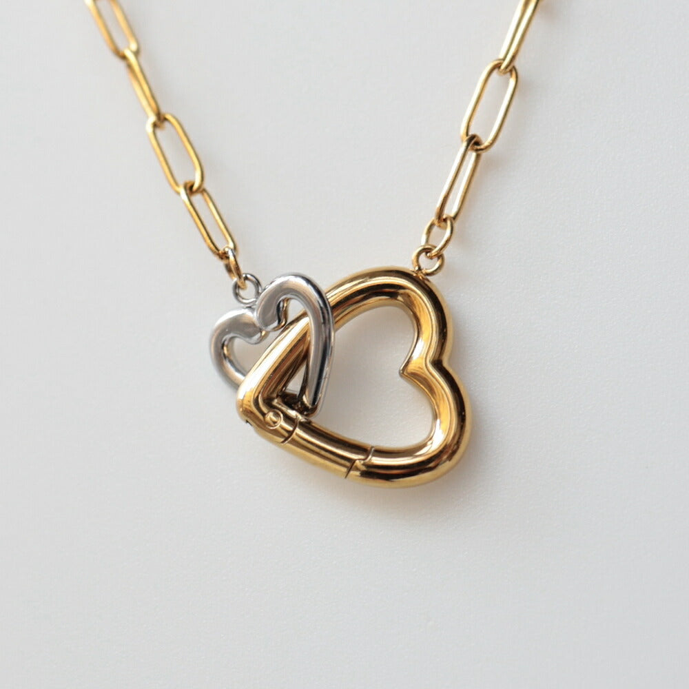 N103ネックレスサージカルステンレス金属アレルギー対応長あずきチェーンハートゴールドバイカラーおしゃれレディース女性人気錆びない付けっぱなし軽量上品ギフトプレゼントジュエリーK18コーティングシンプル高見え