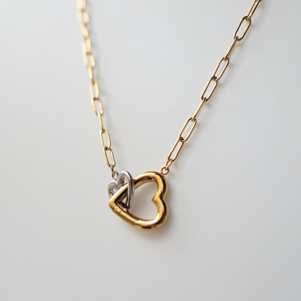 N103ネックレスサージカルステンレス金属アレルギー対応長あずきチェーンハートゴールドバイカラーおしゃれレディース女性人気錆びない付けっぱなし軽量上品ギフトプレゼントジュエリーK18コーティングシンプル高見え