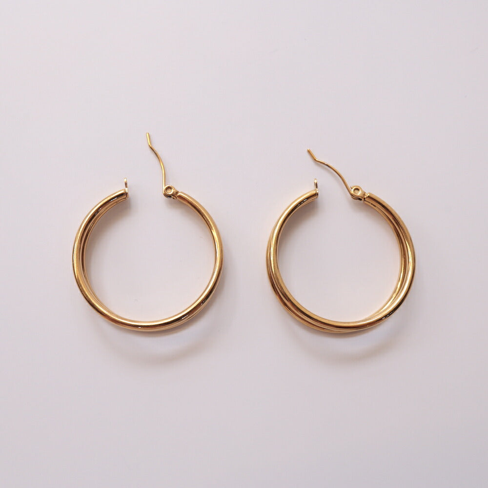 【35％OFFクーポン発行中】P359ピアスステンレスフープ2連大ぶり金属アレルギー対応キャッチレスキャッチ要らないつけっぱなしシンプルおしゃれカジュアルギフトプレゼントレディース両耳用２個売りajiroaccessory