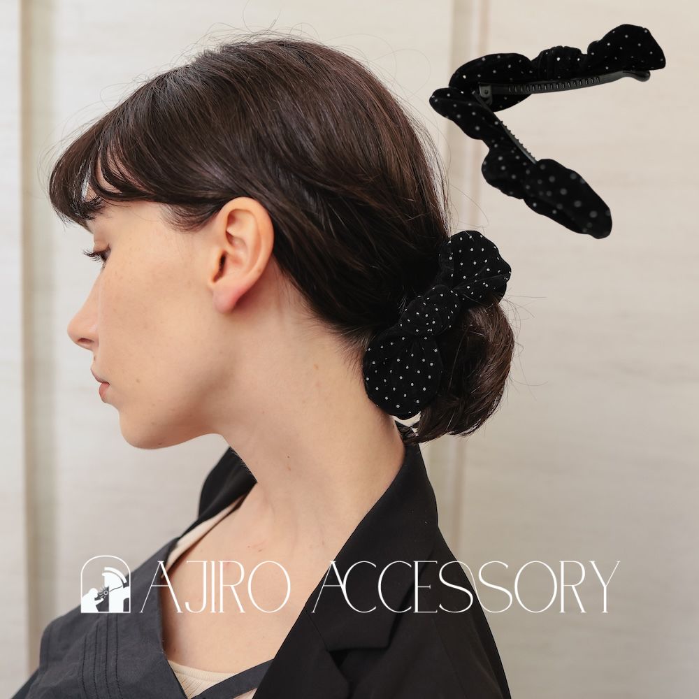 H038ヘアクリップベロアリボンドット柄バナナクリップレディースブラック大きめまとめ髪ヘアアクセサリー大人上品きれいめオフィスカジュアルデイリーおしゃれヘアアレンジプレゼント