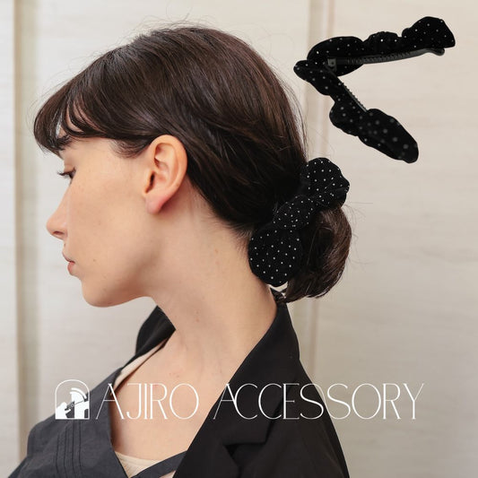 H038ヘアクリップベロアリボンドット柄バナナクリップレディースブラック大きめまとめ髪ヘアアクセサリー大人上品きれいめオフィスカジュアルデイリーおしゃれヘアアレンジプレゼント