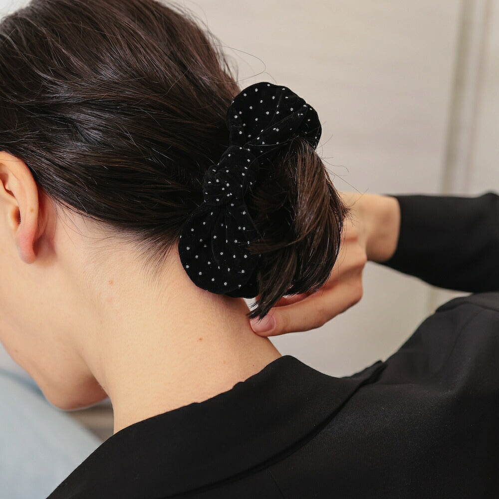H038ヘアクリップベロアリボンドット柄バナナクリップレディースブラック大きめまとめ髪ヘアアクセサリー大人上品きれいめオフィスカジュアルデイリーおしゃれヘアアレンジプレゼント