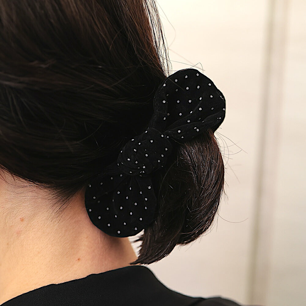 H038ヘアクリップベロアリボンドット柄バナナクリップレディースブラック大きめまとめ髪ヘアアクセサリー大人上品きれいめオフィスカジュアルデイリーおしゃれヘアアレンジプレゼント